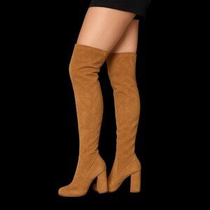 Women's Tan Brown Faux Suede Thigh High Heeled Boots, 7.5